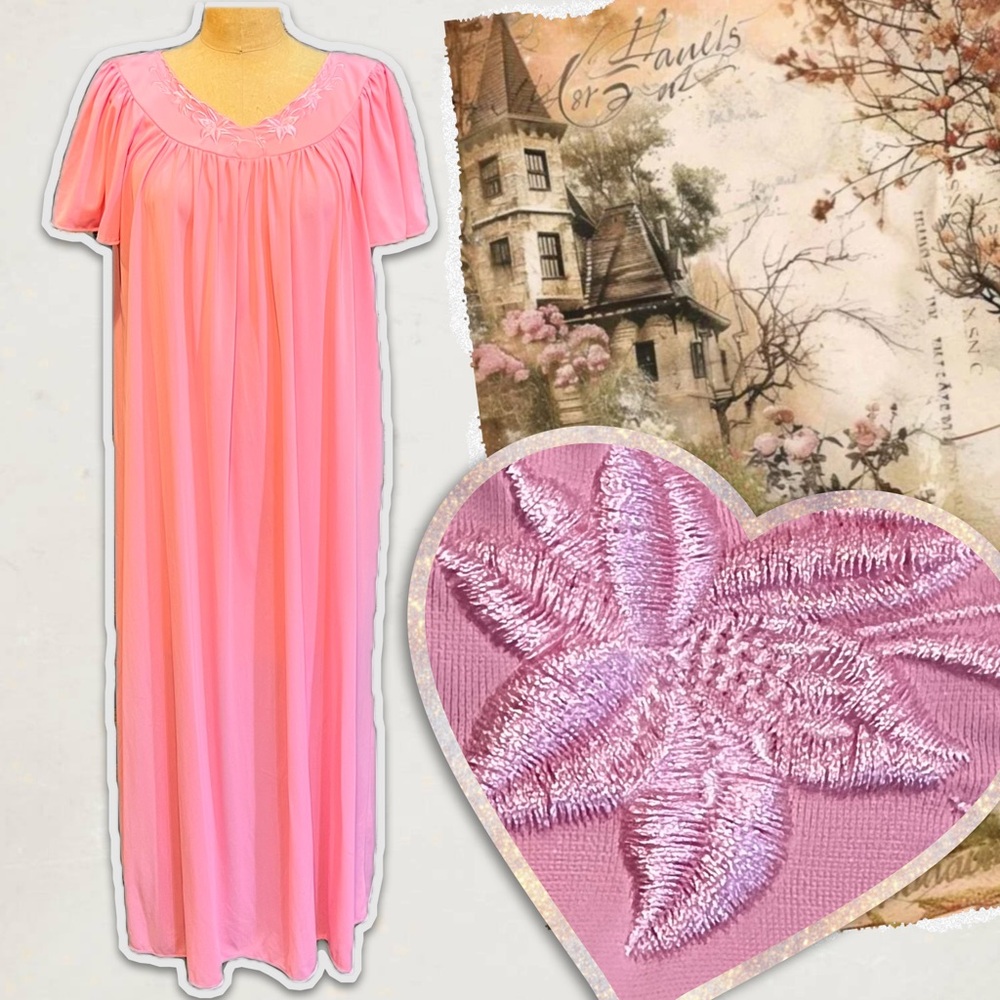Miss Elaine nylon long maxi nightgown lingerie embroidered floral flutter sleeve